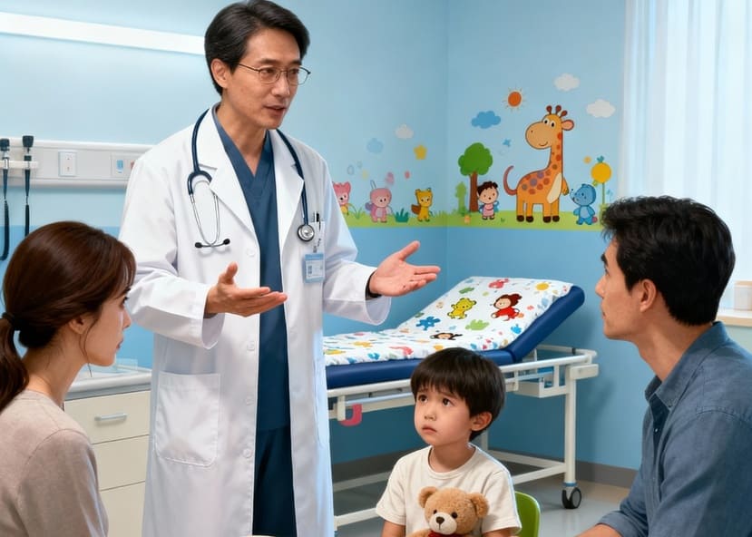 gastroenterologo pediatrico parla con genitori dopo visita gastroenterologica